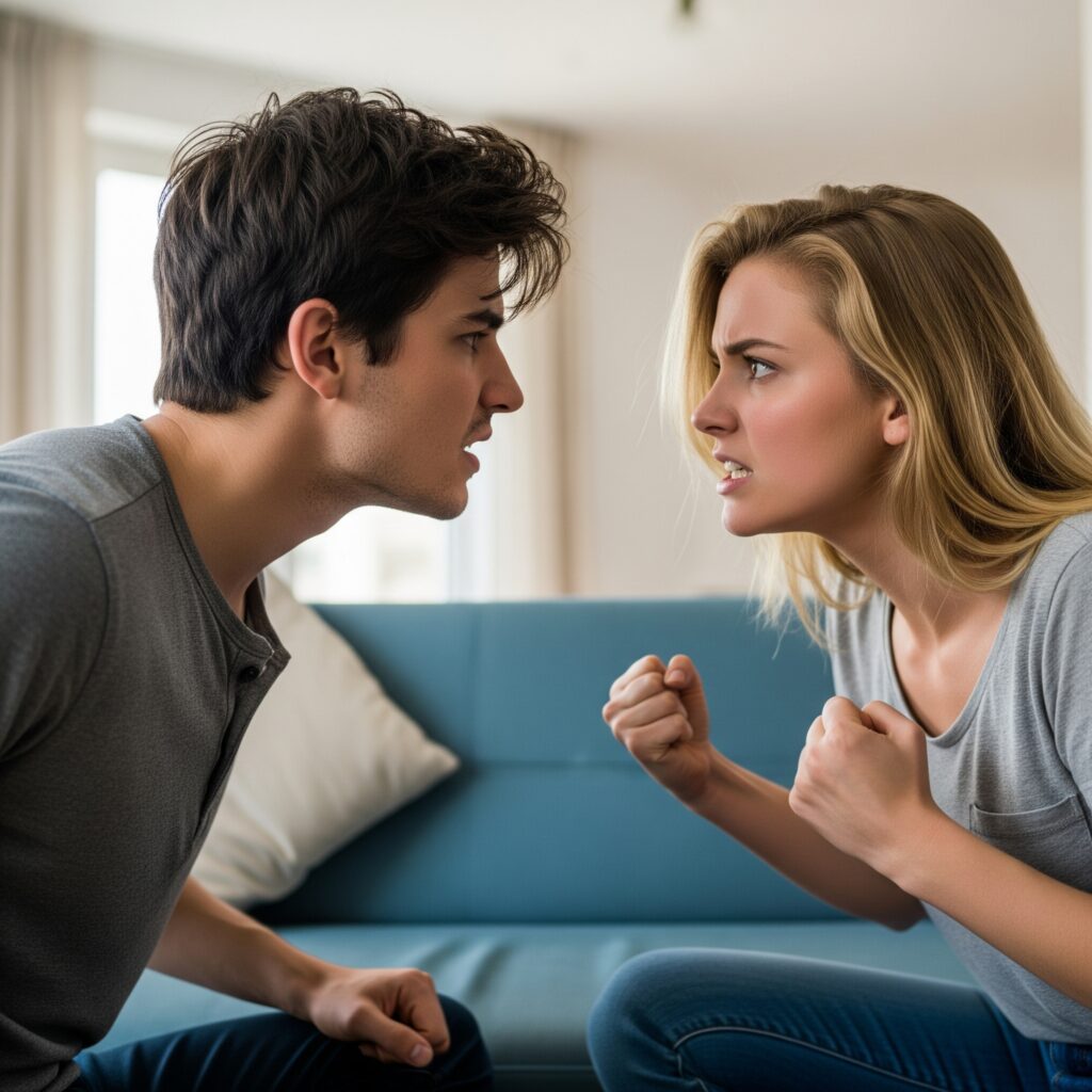 Pareja joven teniendo una fuerte discusión en el salón