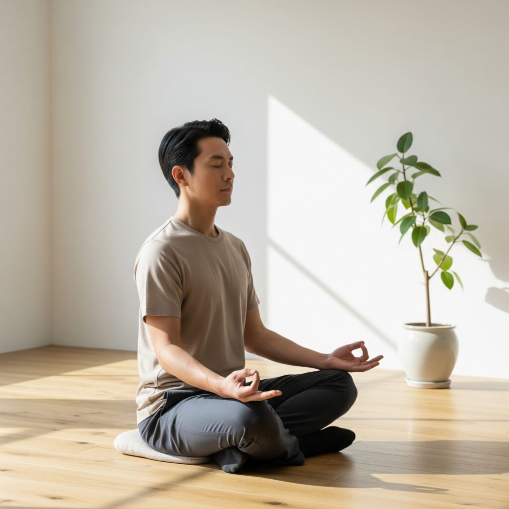 Hombre practicando mindfulness para gestionar el estrés, uno de los beneficios de la atención plena para la salud mental.