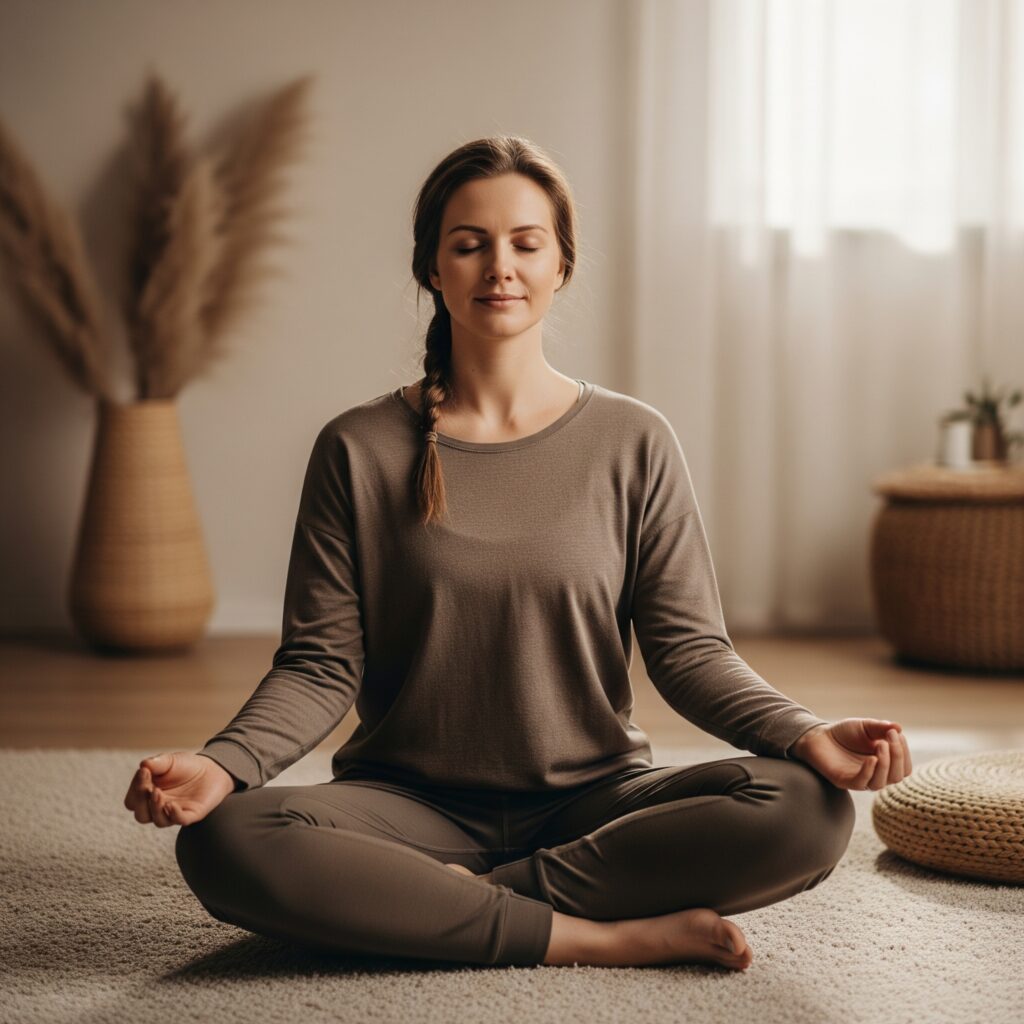 Mujer practicando meditación para cuidar su salud mental, alcanzando un estado de calma y bienestar emocional.