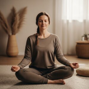 Mujer practicando meditación para cuidar su salud mental, alcanzando un estado de calma y bienestar emocional.
